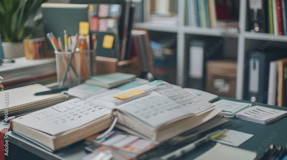 A close-up of a person’s desk with a calendar, sticky notes, and productivity books arranged neatly A close-up of a person’s desk with a calendar, sticky notes, and productivity books arranged neatly