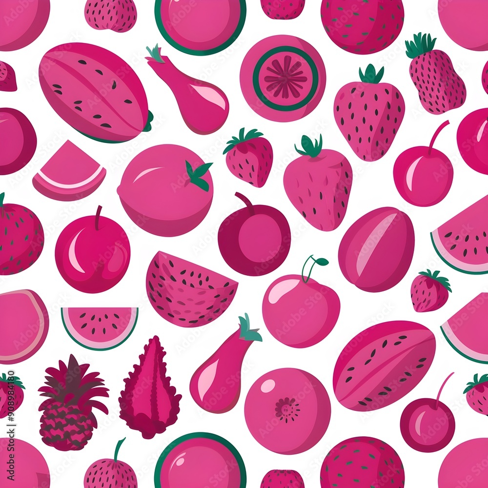 Seamless Vector Texture of Pink Fruits on White Background, Perfect for Playful and Colorful Illustrations and Design Projects Seamless Vector Texture of Pink Fruits on White Background, Perfect for Playful and Colorful Illustrations and Design Projects