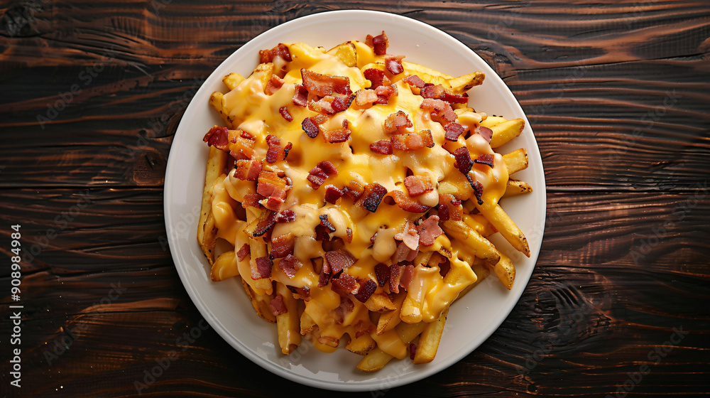Plate of golden crispy french fries covered with melted cheddar cheese and bacon bits, served on a wooden table Plate of golden crispy french fries covered with melted cheddar cheese and bacon bits, served on a wooden table