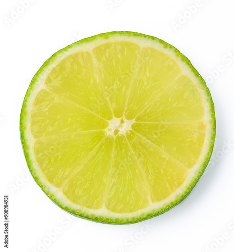 close-up view of single slice of lime isolated on white background
