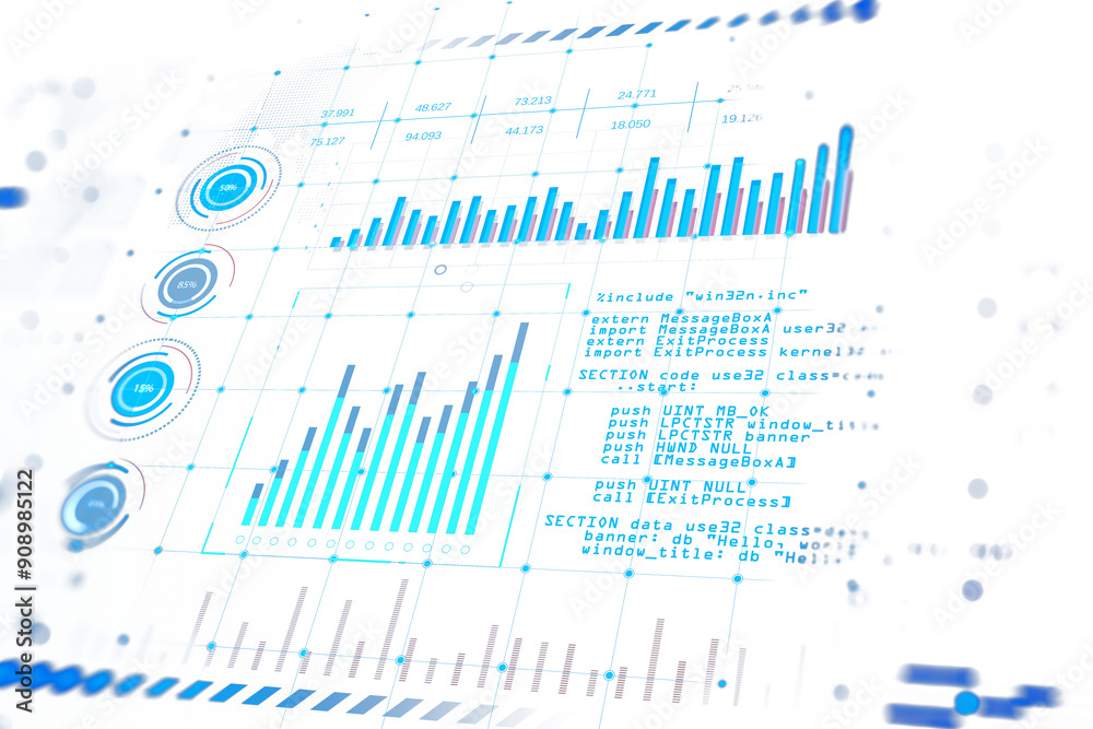 Financial data chart with bars and graphs overlaid with code, isolated on a white background. Concept of data analysis and technology. 3D Rendering