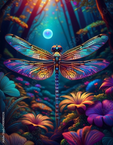 Psychadelic theme Dragonfly. Spirit Animal totem guide illustration