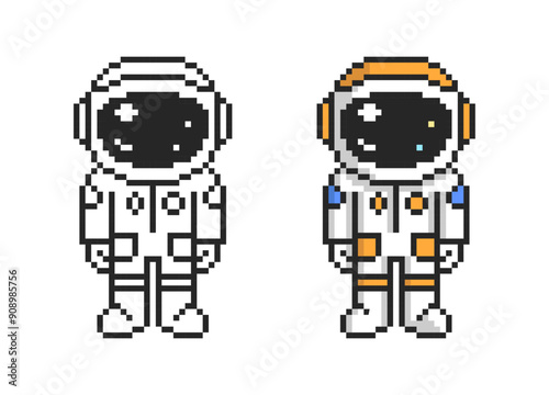 Pixel art astronaut. Cute cosmonaut in retro style. Vector illustration