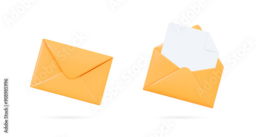 3D Yellow envelopes icon set. Open and close letters. Subscribe to newsletter. Email message. Send post card. Envelope with document. Mail notification. Cartoon design icons. 3D Vector illustration