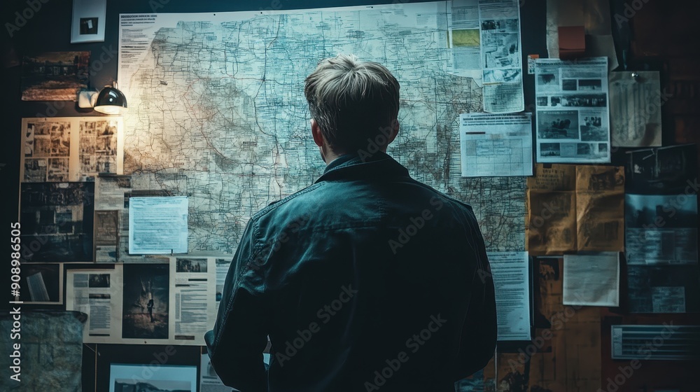 A man is looking at a map with a lot of papers on the wall behind him A man is looking at a map with a lot of papers on the wall behind him