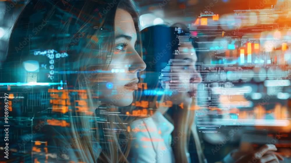 Two women are looking at a computer screen with a lot of code on it. Scene is focused and intense, as the women are likely working on a complex project Two women are looking at a computer screen with a lot of code on it. Scene is focused and intense, as the women are likely working on a complex project