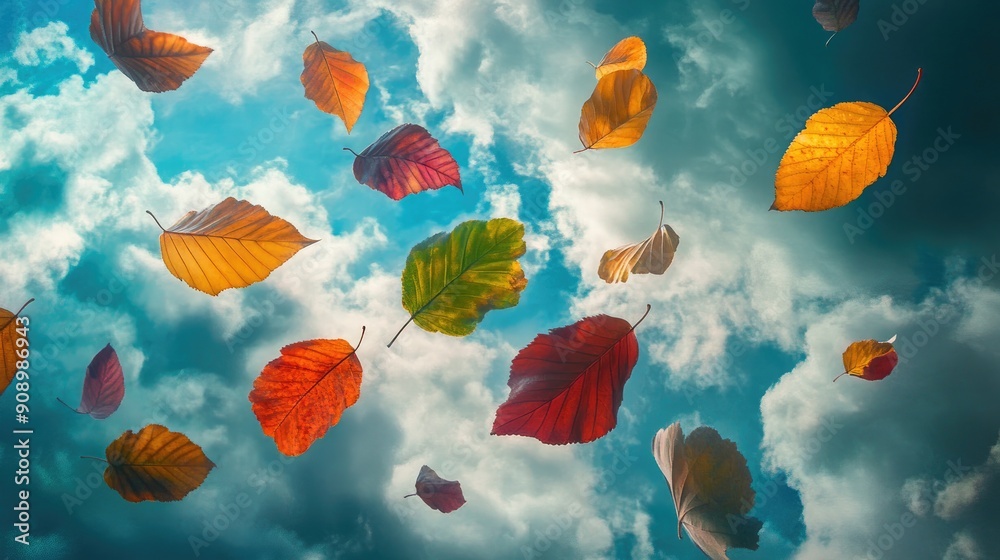 Generative AI art of colorful bird feathers floating gracefully against a dramatic cloudscape Generative AI art of colorful bird feathers floating gracefully against a dramatic cloudscape