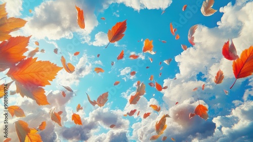 Generative AI art of colorful leaves soaring through the sky, stunning clouds