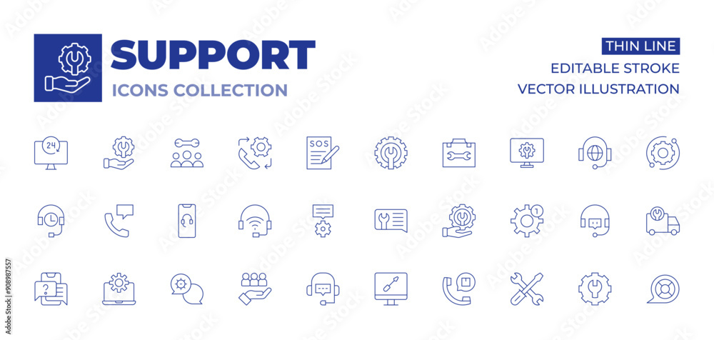 Support icons collection. Thin Line icons, editable stroke. technical support, tech support, target, support, hours support, hours, support ticket, settings Support icons collection. Thin Line icons, editable stroke. technical support, tech support, target, support, hours support, hours, support ticket, settings
