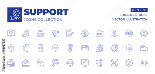 Support icons collection. Thin Line icons, editable stroke. technical support, tech support, target, support, hours support, hours, support ticket, settings