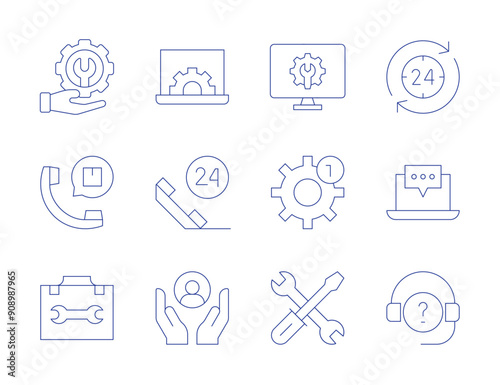 Support icons. Thin Line style, editable stroke. support, mechanism, care, call, customer support, technical support, settings, hours support