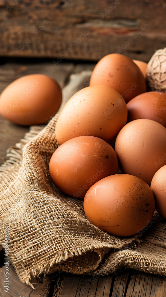 Fresh brown eggs in burlap sack on rustic wood, evoking a natural, wholesome, and rustic feeling. Fresh brown eggs in burlap sack on rustic wood, evoking a natural, wholesome, and rustic feeling.