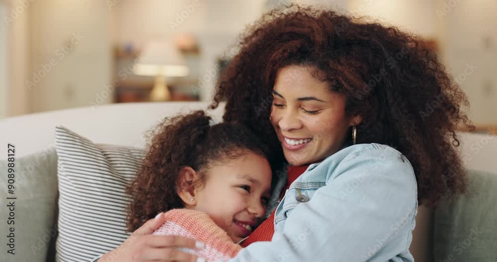 Mother, happy child and hug with comfort, trust and relationship in family home for bonding. Woman, girl and affection for love, compassion and soothing for development, growth and support in embrace Mother, happy child and hug with comfort, trust and relationship in family home for bonding. Woman, girl and affection for love, compassion and soothing for development, growth and support in embrace