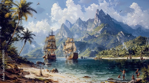 Romanticized scene of explorers discovering new lands, with ships anchored in a pristine harbor and natives greeting them