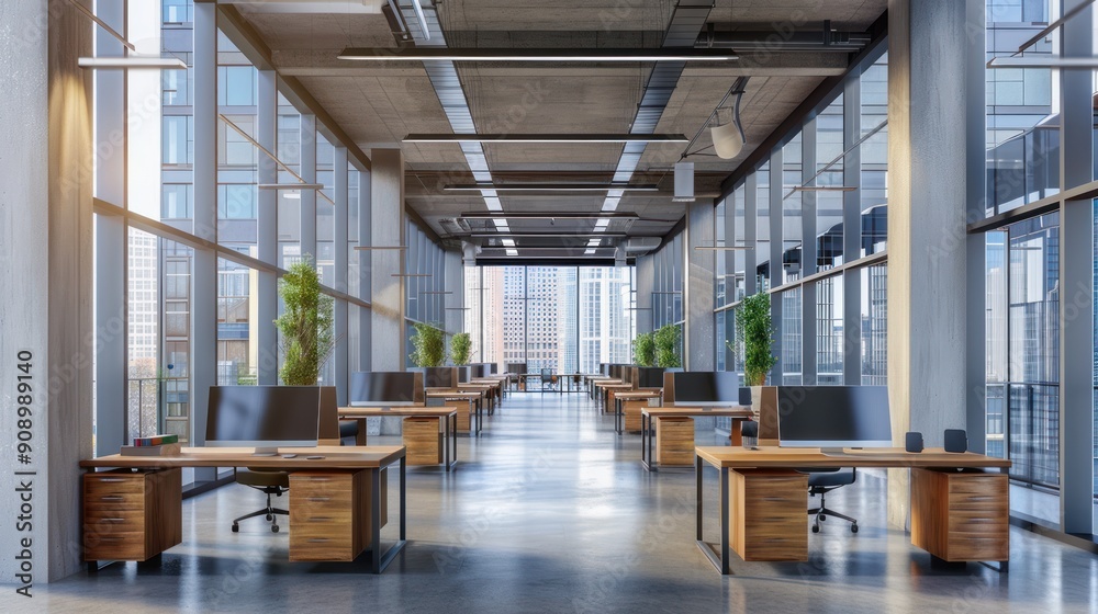 Modern office building interior with work desks and computers, financial business and startup background.