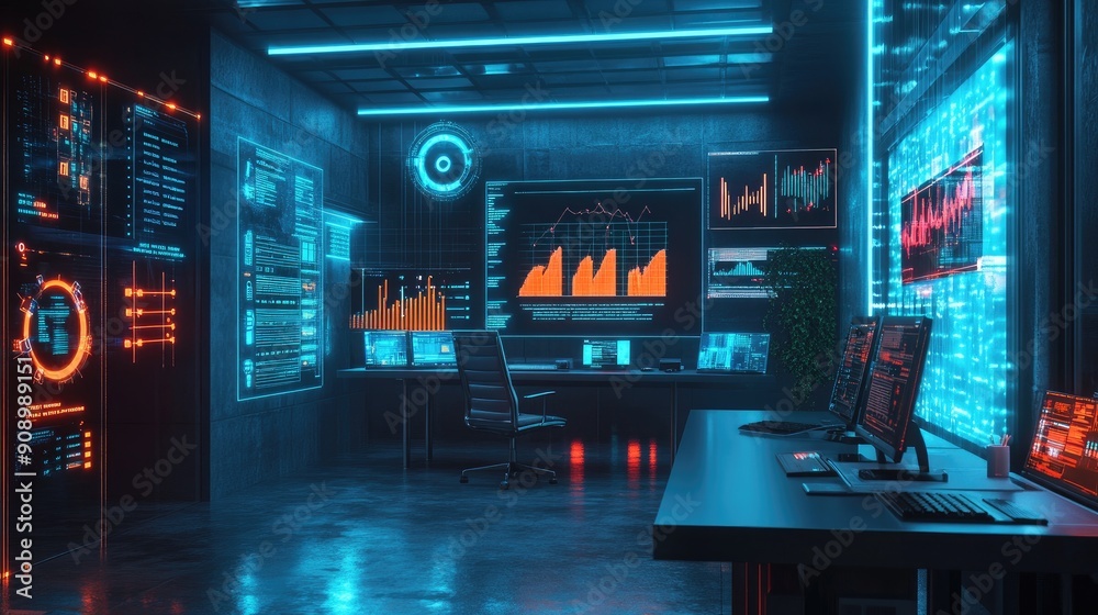AI-created image of a future business office, highlighting profit growth charts and cutting-edge tech AI-created image of a future business office, highlighting profit growth charts and cutting-edge tech