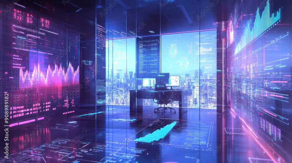 Obraz premium AI-created image of a future business office, highlighting profit growth charts and cutting-edge tech