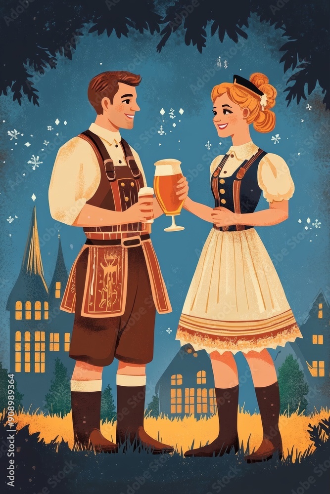 Oktoberfest celebration retro style poster card with couple in traditional Bavarian attire with beer flat illustration Oktoberfest celebration retro style poster card with couple in traditional Bavarian attire with beer flat illustration
