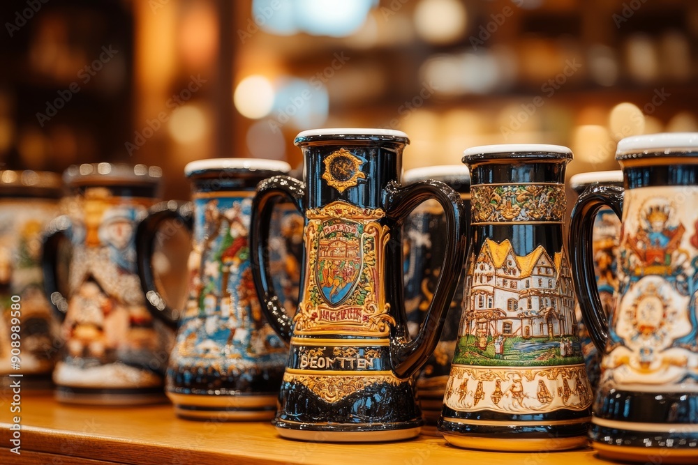 collection of souvenir beer steins mugs, featuring different Oktoberfest motifs, arranged neatly with bokeh background, shopping at October fest festival