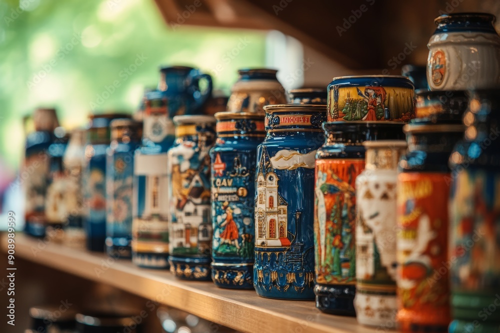 collection of souvenir beer steins mugs, featuring different Oktoberfest motifs, arranged neatly with bokeh background, shopping at October fest festival collection of souvenir beer steins mugs, featuring different Oktoberfest motifs, arranged neatly with bokeh background, shopping at October fest festival