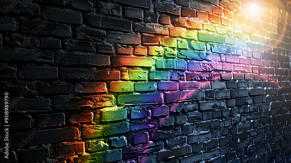 A dark brick wall with a rainbow painted on it, black, red, and green, a vibrant and colorful backdrop for any design project. 