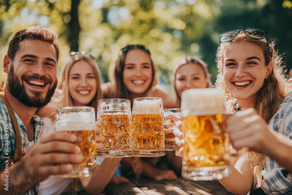 Oktoberfest celebration - family in traditional Bavarian attire, including lederhosen and dirndls, smiling and toasting with beer mugs at festival, German tradition and tourism destination Oktoberfest celebration - family in traditional Bavarian attire, including lederhosen and dirndls, smiling and toasting with beer mugs at festival, German tradition and tourism destination