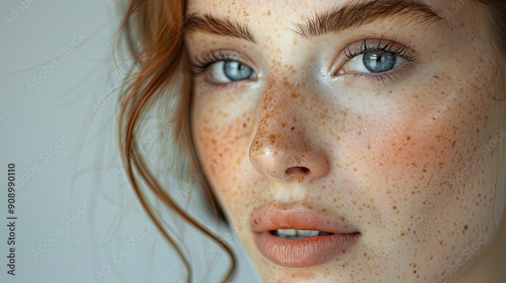 Fototapeta premium Detailed close-up portrait of a woman's face, highlighting her freckles and natural beauty, set against a plain background