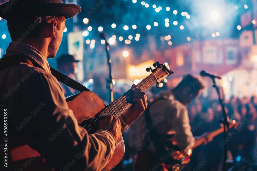 Obraz premium live music at Oktoberfest festival - band playing traditional Bavarian melodies at Oktoberfest, with the audience in the background, minimal style with copy space, lights bokeh