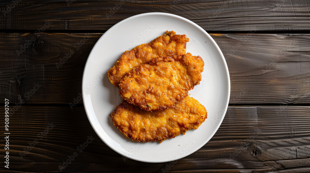 Crispy chicken breast schnitzels served on a white plate on a rustic wooden table Crispy chicken breast schnitzels served on a white plate on a rustic wooden table