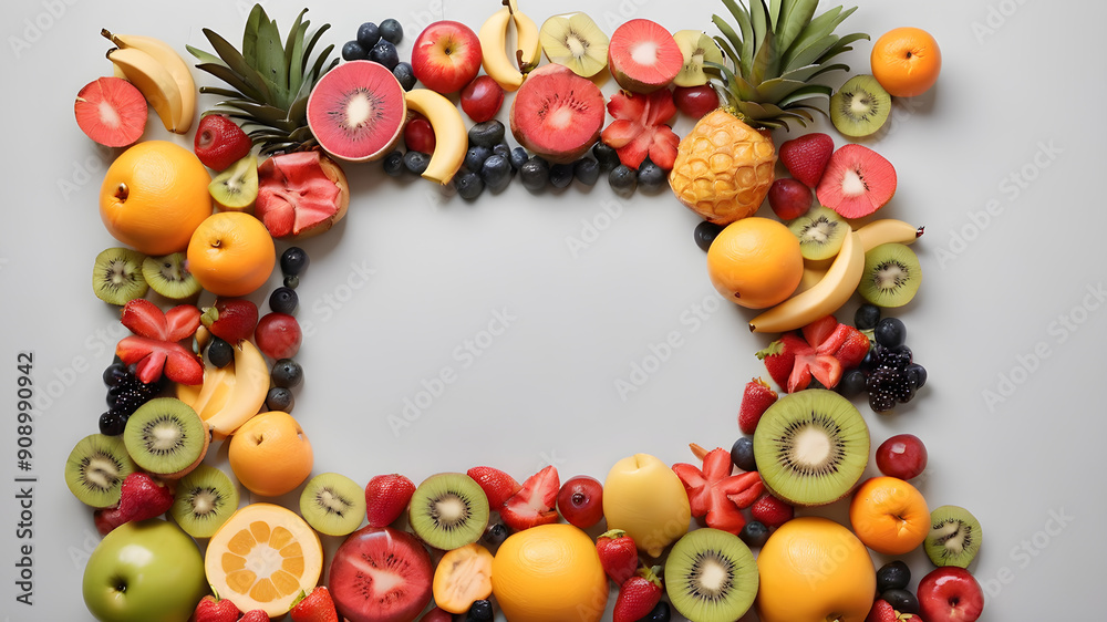 Frame made of fruits, space for text. Generative AI Frame made of fruits, space for text. Generative AI