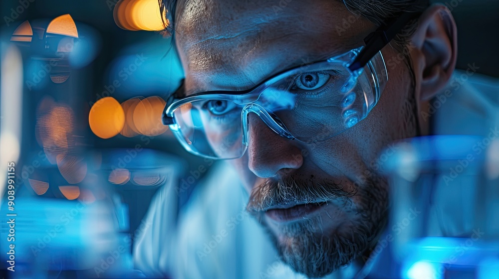 Detailed portrait of a scientist in a lab, surrounded by equipment and experiments, capturing their dedication and focus Detailed portrait of a scientist in a lab, surrounded by equipment and experiments, capturing their dedication and focus