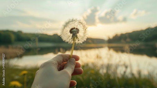 A peaceful scene with a hand holding a dandelion in the foreground, against the backdrop of a tranquil lake and cloudy sky showcasing nature's calming beauty. photo