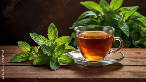 Fresh Mint Tea in Glass Cup with Lush Green Leaves