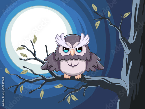 Nocturnal bird of prey on branch. Cute owl in tree at night, halloween landscape, kids funny character, wise filin, wildlife character in forest, smart symbol, cartoon flat tidy vector concept