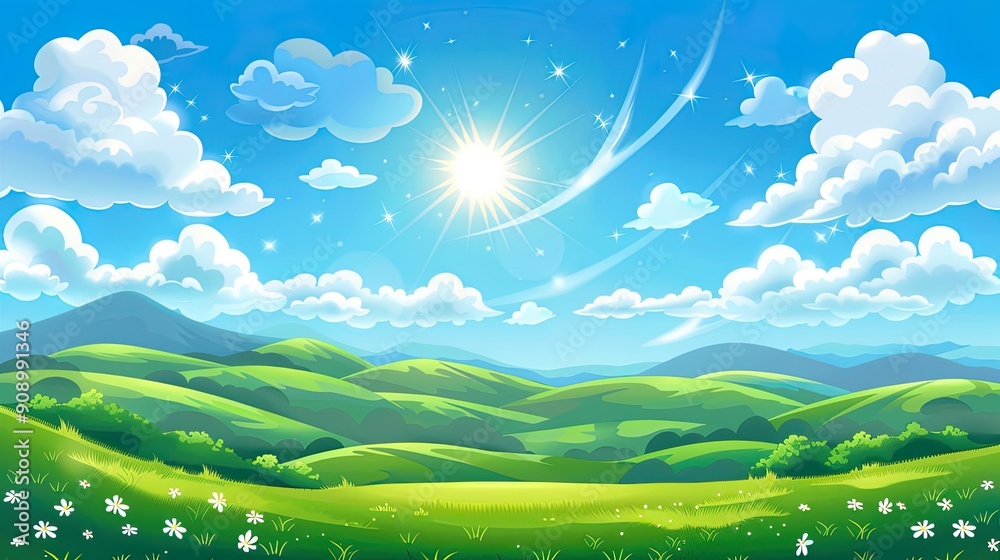 Obraz premium Illustration of Clean air with blue sky and fluffy white clouds