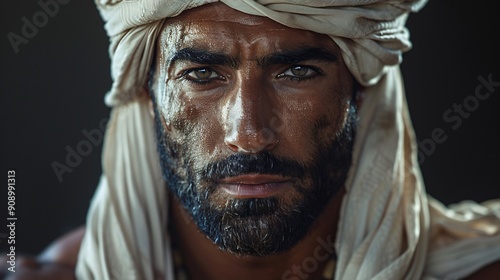 Close-Up Portrait of a Bearded Man in a Turban