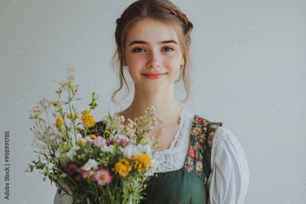 Oktoberfest people - young woman in a dirndl, holding a bouquet of flowers, smiling softly against a plain white gray backdrop, minimal style with copy space Oktoberfest people - young woman in a dirndl, holding a bouquet of flowers, smiling softly against a plain white gray backdrop, minimal style with copy space