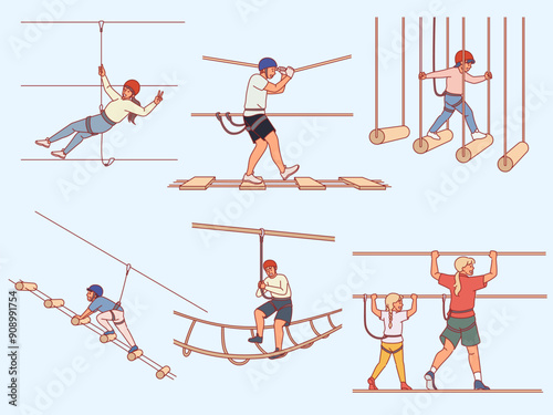 Happy people in helmets in rope park. Active sport entertainment, forest climbing for children and adults, adventure attractions, men and women extreme activity cartoon flat isolated vector set
