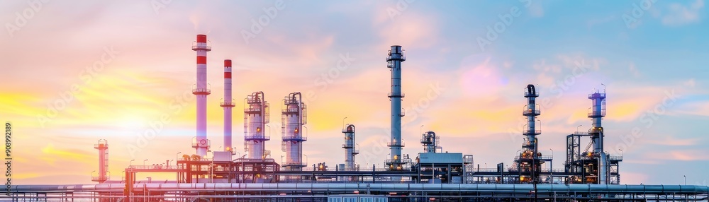 Obraz premium industrial refinery silhouette at sunset - oil and gas industry production plant with smoke stacks and pipes