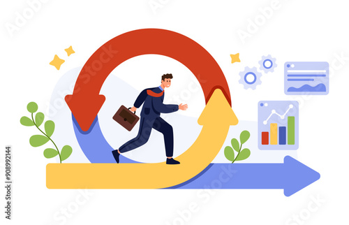 Agile methodology, business project development process, daily decisions management method. Tiny businessman with briefcase running to success on flexible circular arrow cartoon vector illustration