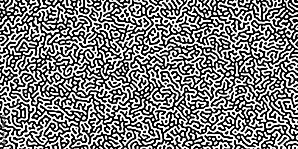 Turing reaction diffusion monochrome seamless pattern with chaotic motion. Linear design with biological shapes. Organic lines in Memphis. abstract truing organic wallpaper background.
Turing reaction diffusion monochrome seamless pattern with chaotic motion. Linear design with biological shapes. Organic lines in Memphis. abstract truing organic wallpaper background.