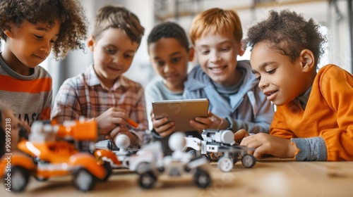 A group of children happily showcasing their robot models, representing their ingenuity and cooperative spirit in a school program dedicated to hands-on STEM education.