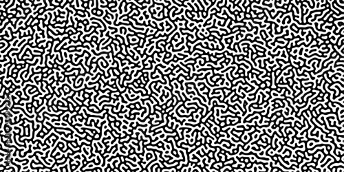 Turing reaction diffusion monochrome seamless pattern with chaotic motion. Linear design with biological shapes. Organic lines in Memphis. abstract truing organic wallpaper background.	
