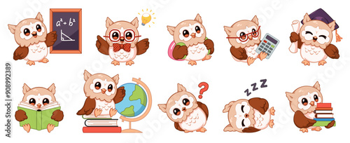 Funny owl characters. Cute wise bird with books, kids mascot, knowledge, wisdom and education symbol, cartoon professor filin, different actions study and read. Back to school, tidy vector set
