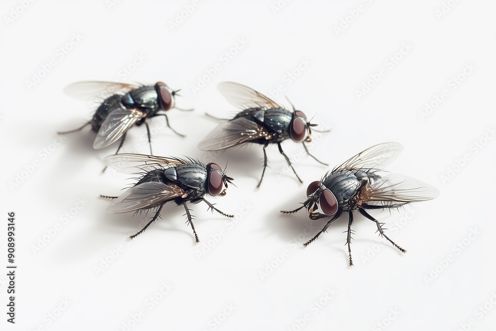 close up shot of flies isolated on a white background close up shot of flies isolated on a white background