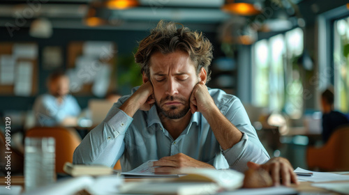 A tired man struggles to stay awake while studying in a library, surrounded by books and study materials.