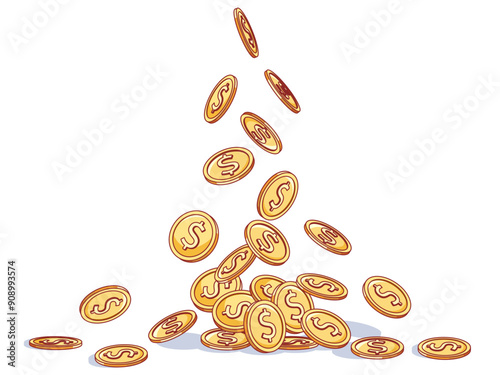 Falling golden coins. Money fall down, dollar signs, cents in different angles, financial assets, cash gather in bunch, casino jackpot, gambling bonus, isolated elements, vector background
