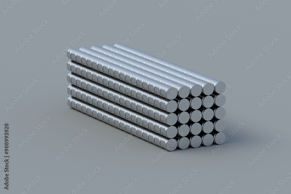 Stack of reinforcing bars on gray background. Ribbed metal rods. Steel armature. Construction material. 3d render Stack of reinforcing bars on gray background. Ribbed metal rods. Steel armature. Construction material. 3d render