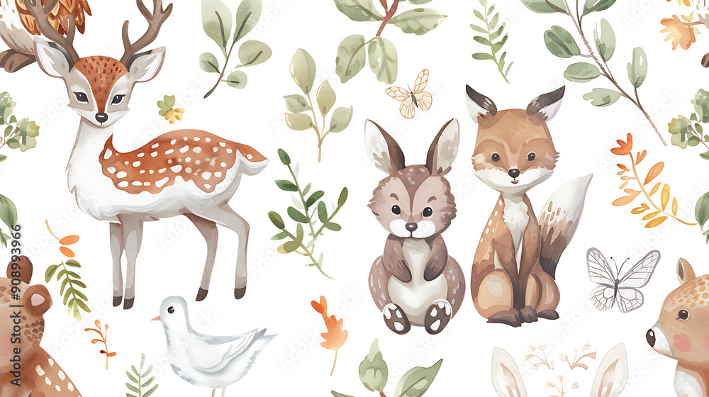 Fototapeta premium Cute watercolor woodland animals, green leaves, brown and white, perfect for nursery decor, bringing joy and innocence to your design. 
