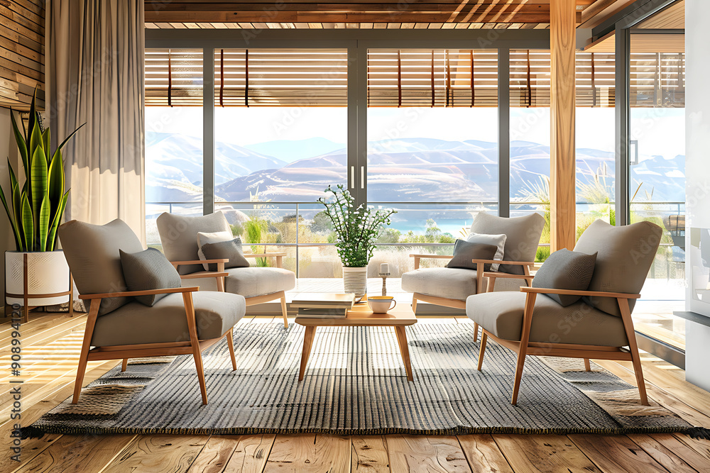 Fototapeta premium Cozy living room with wooden accents, grey chairs, and a view of mountains and a lake, perfect for a relaxing getaway. 